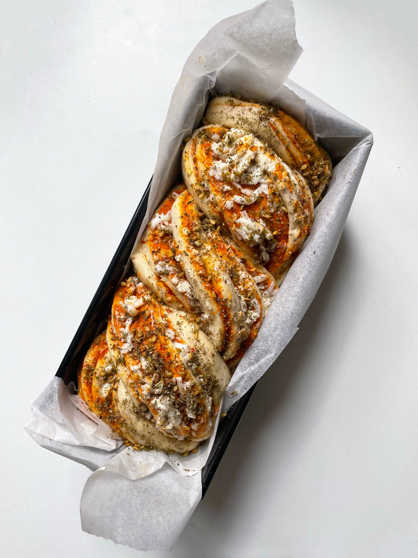 Harissa, feta and za'atar mini babka loaf