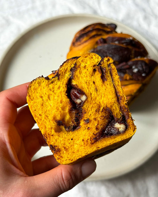 Pumpkin, pecan, chocolate with maple pumpkin spice glaze mini babka loaf