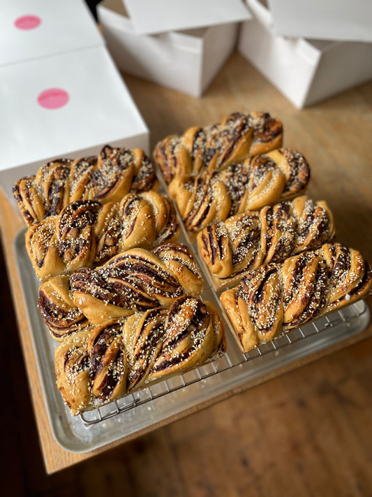 Dark chocolate, tahini halva and sesame mini babka loaf